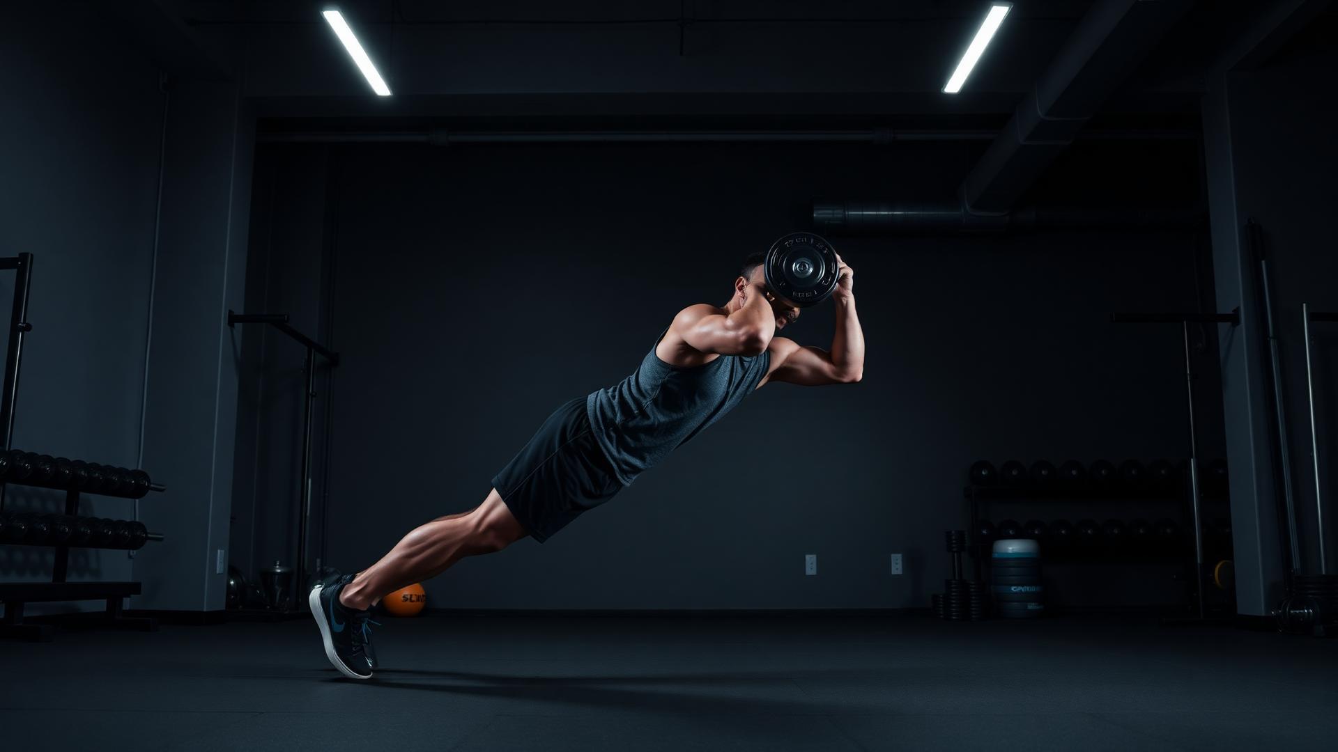 An athlete leans forward from his toes in a rigid straight-body line, a weight plate held behind his head