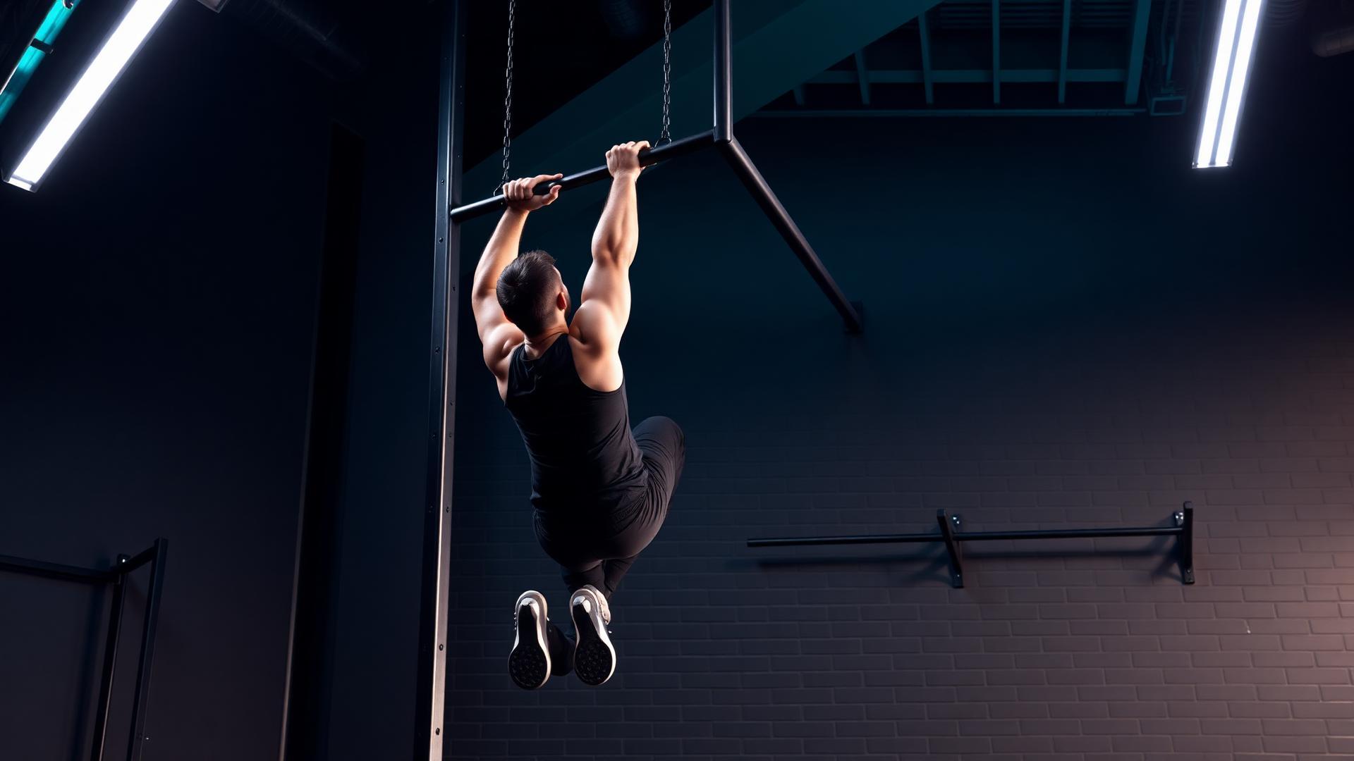 An athlete pulls up on a high bar with his knees tucked, under industrial strip lights